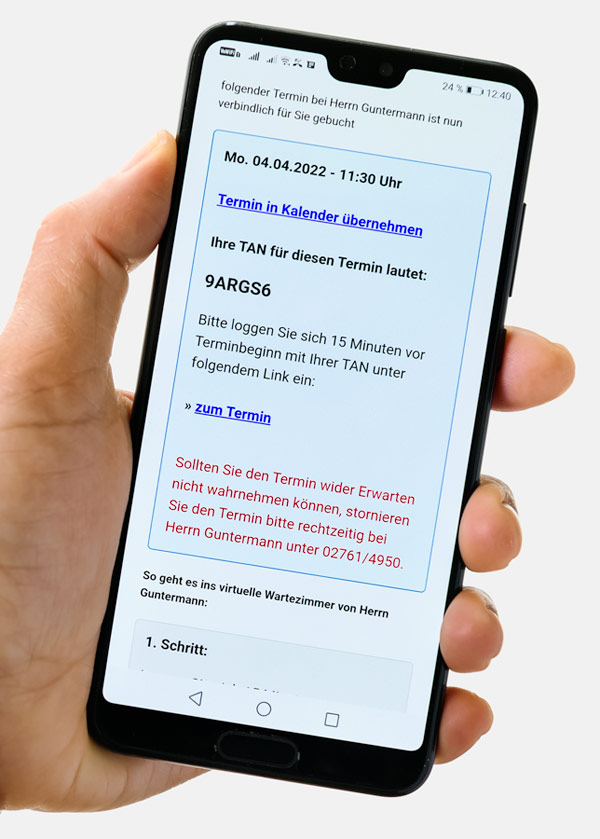 Bildschirmeinstellung bei jameda Videokonferenz per Smartphone - Zahnarzt und Fachzahnarzt Praxis Guntermann, Olpe. Foto Dietrich Hackenberg
