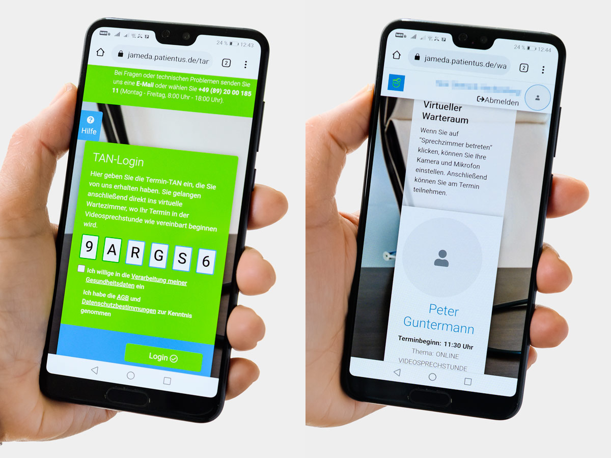 Zwei Bildschirmeinstellungen bei jameda Videokonferenz per Smartphone - Zahnarzt und Fachzahnarzt Praxis Guntermann, Olpe. Foto Dietrich Hackenberg