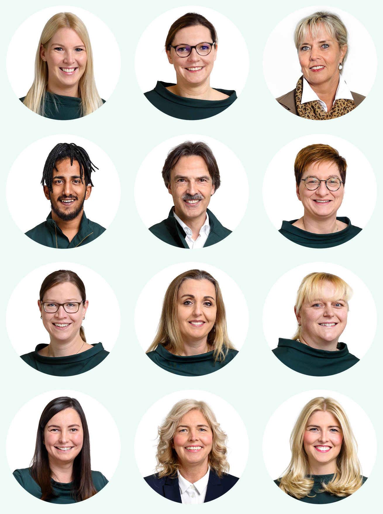 Tableau mit runden Einzelportraits der Zahnärztin, des Fachzahnarztes und der Mitarbeitenden
