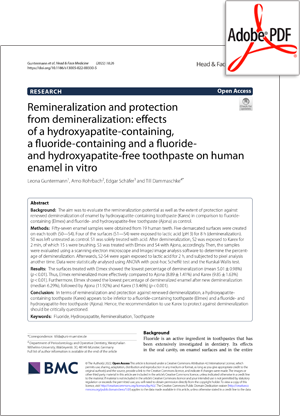 Remineralization and protection from demineralization: effects of a hydroxyapatite-containing, a fluoride-containing and a fluoride- and hydroxyapatite-free toothpaste on human enamel in vitro.