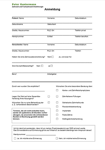 Vorschau Anmeldebogen der Praxis Guntermann