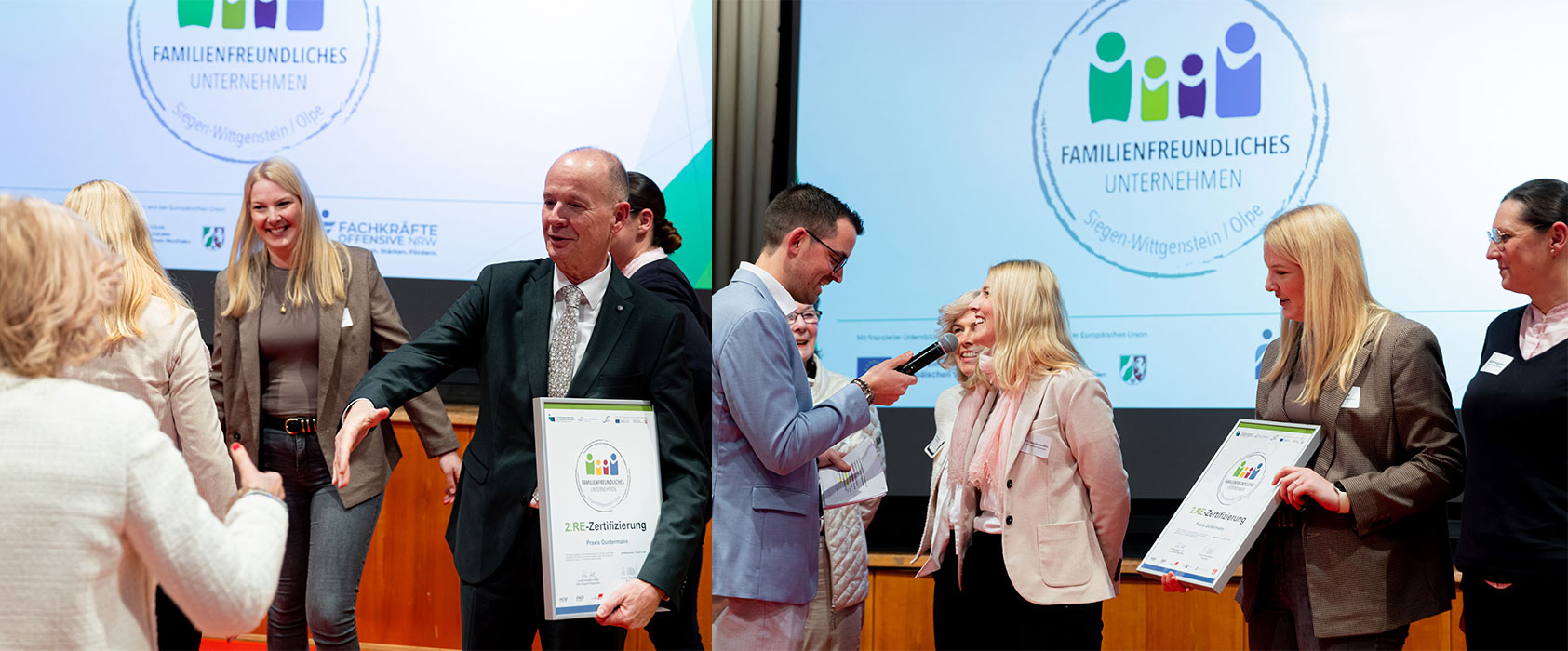 Überreichung der Urkunde auf der Bühne an das Team  Landrat Theo Melcher 